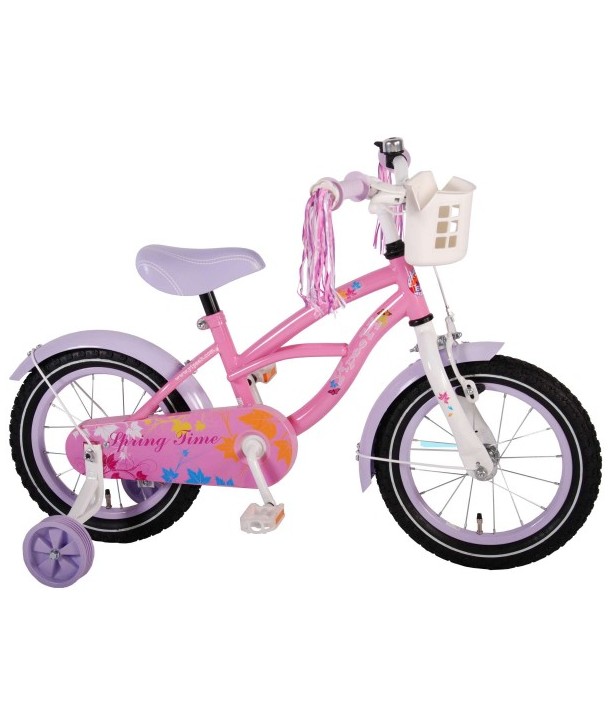 Bicicleta copii fete 14 inch Volare Bike Spring Time cu roti ajutatoare pompoane la ghidon si cosulet
