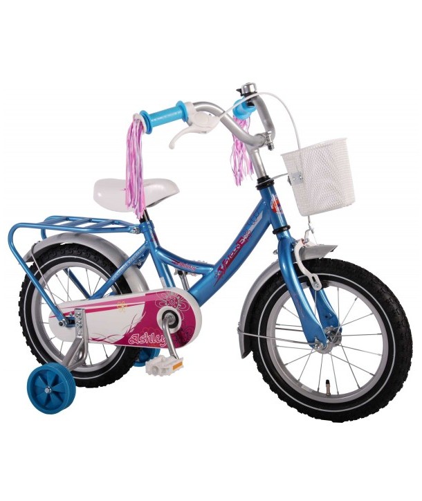 Bicicleta copii fetite 14 inch Volare Bike cu roti ajutatoare cosulet portbagaj metal si pompoane la ghidon