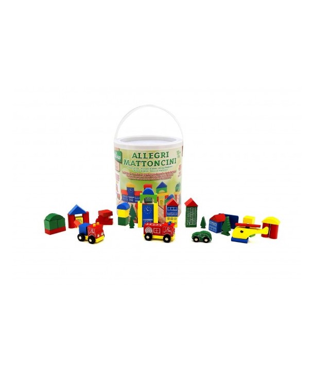 Galetusa cu cuburi din lemn colorate cu 4 vehicule pentru copii