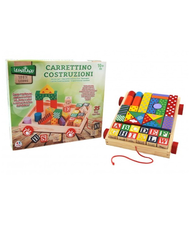  Carucior cuburi lemn Globo Legnoland pentru copii multicolore 35 piese