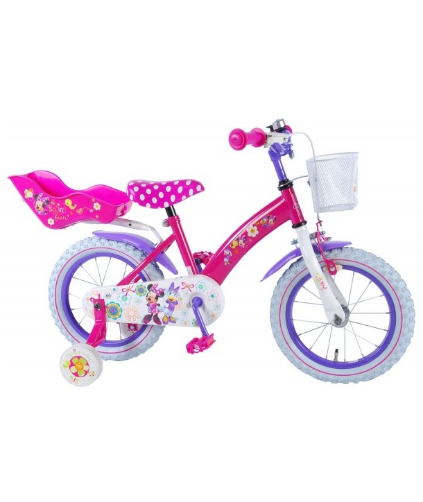 Bicicleta pentru fete 14 inch cu scaun pentru papusi roti ajutatoare si cosulet Minnie Mouse