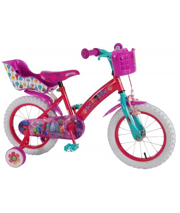 Bicicleta pentru fete 14 inch cu scaun pentru papusi roti ajutatoare si cosulet Trolls